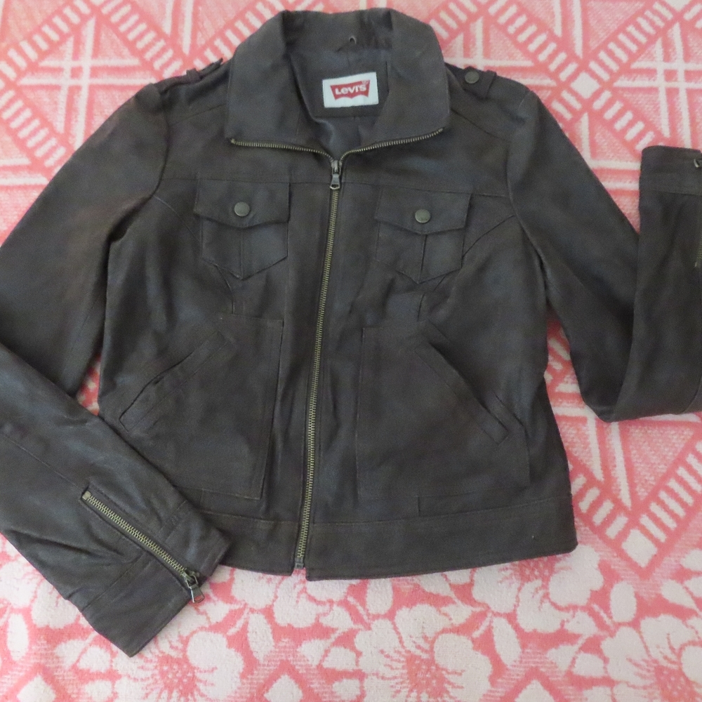 Levis Womens Jacket Brown Leather Collar Pockets Long Sleeves Lined Full Zip M